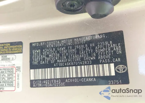 2007 Toyota Camry Le из США, поврежденный, VIN 4T1BE46K87U142833